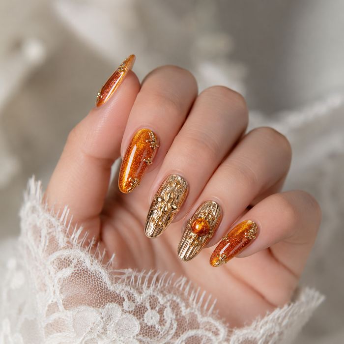 Orange Gold Cat Eye Press On Nails | Handmade Luxury Metallic Almond Nails by AMBERÉA