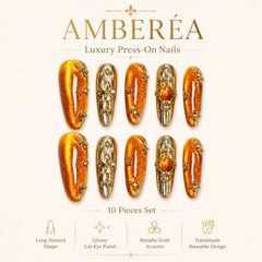 Orange Gold Cat Eye Press On Nails | Handmade Luxury Metallic Almond Nails by AMBERÉA