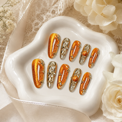 Orange Gold Cat Eye Press On Nails | Handmade Luxury Metallic Almond Nails by AMBERÉA