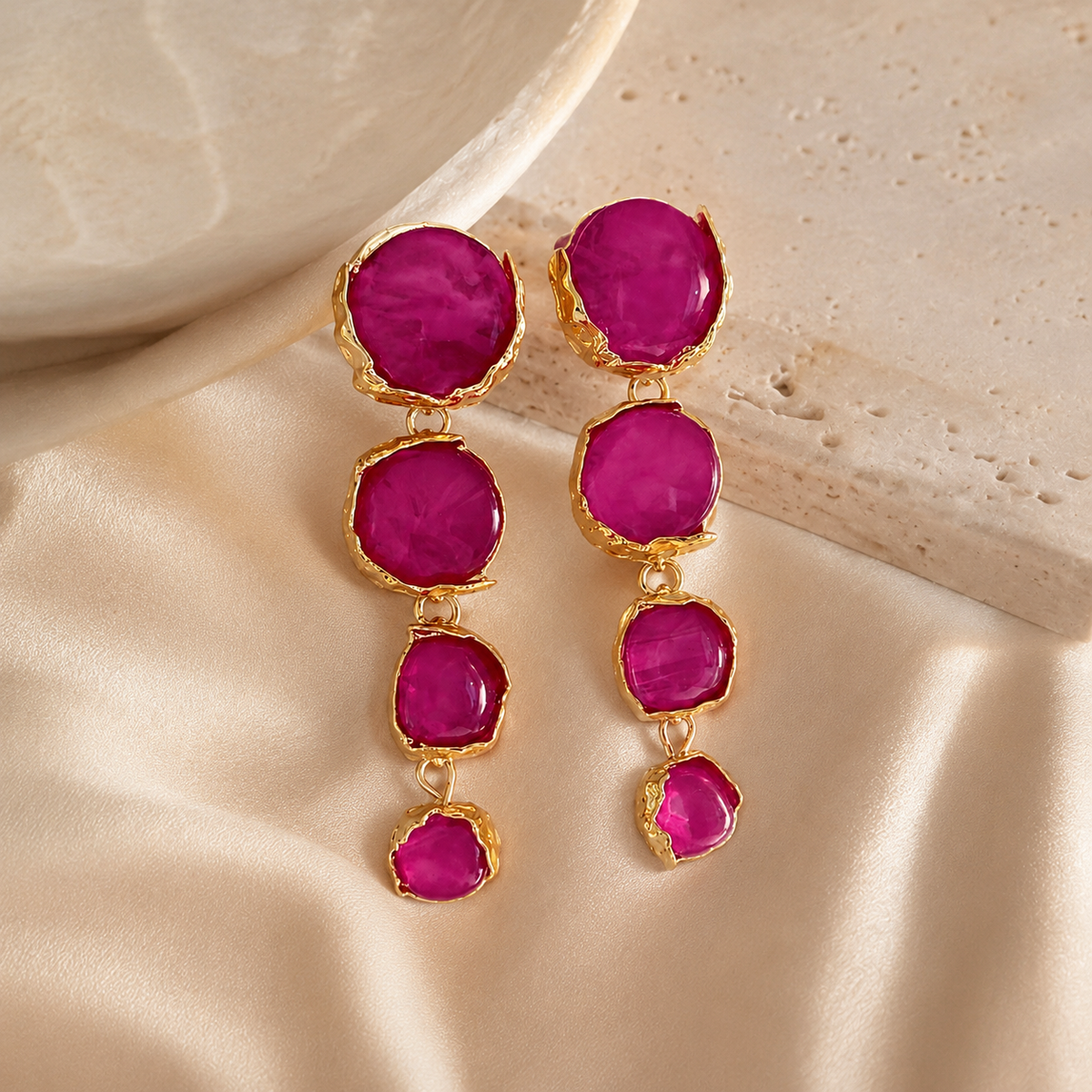Fuchsia Gemstone Drop Earrings | Gold Tone Long Statement Earrings by AMBERÉA