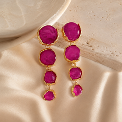 Fuchsia Gemstone Drop Earrings | Gold Tone Long Statement Earrings by AMBERÉA