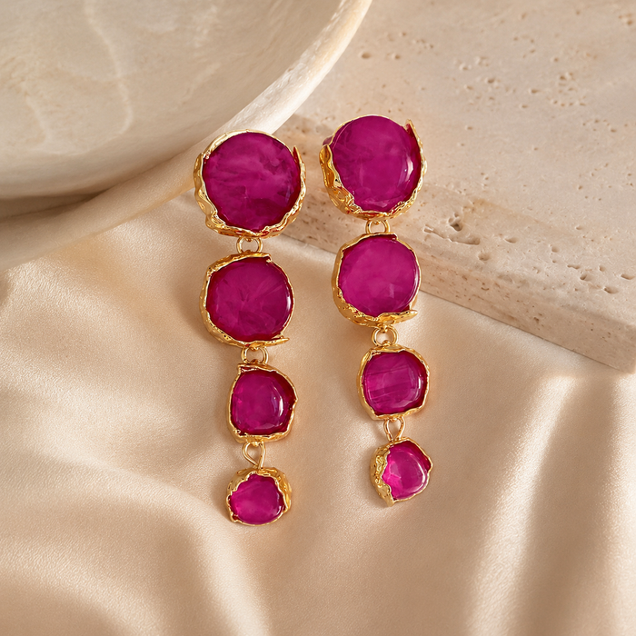 Fuchsia Gemstone Drop Earrings | Gold Tone Long Statement Earrings by AMBERÉA