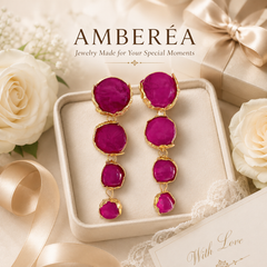 Fuchsia Gemstone Drop Earrings | Gold Tone Long Statement Earrings by AMBERÉA