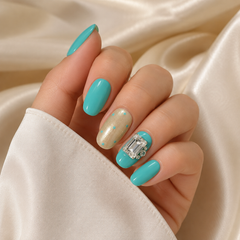 Turquoise Blue Rhinestone Press On Nails | Handmade Short Square Nails by AMBERÉA