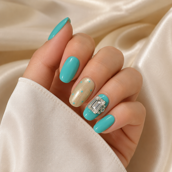 Turquoise Blue Rhinestone Press On Nails | Handmade Short Square Nails by AMBERÉA