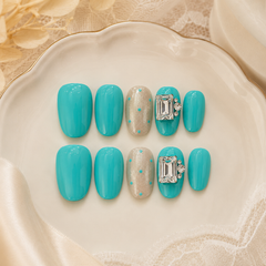 Turquoise Blue Rhinestone Press On Nails | Handmade Short Square Nails by AMBERÉA