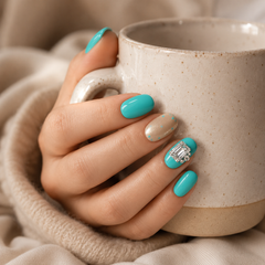 Turquoise Blue Rhinestone Press On Nails | Handmade Short Square Nails by AMBERÉA