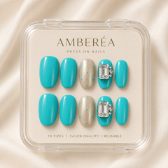 Turquoise Blue Rhinestone Press On Nails | Handmade Short Square Nails by AMBERÉA
