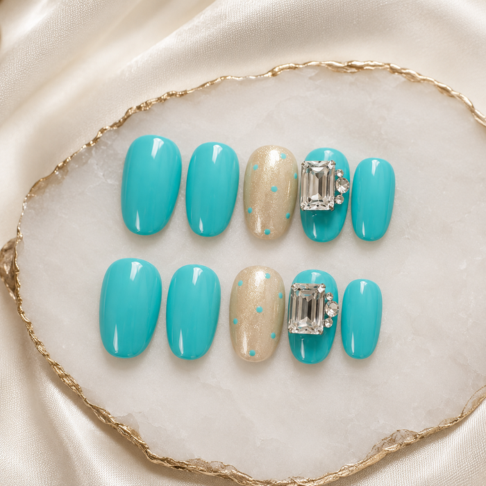 Turquoise Blue Rhinestone Press On Nails | Handmade Short Square Nails by AMBERÉA