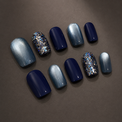 Navy Blue Silver Glitter Press On Nails | Handmade Reusable Short Square Nails by AMBERÉA