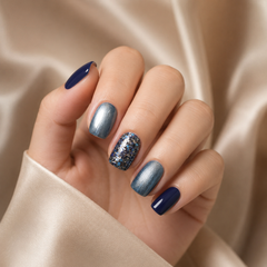 Navy Blue Silver Glitter Press On Nails | Handmade Reusable Short Square Nails by AMBERÉA