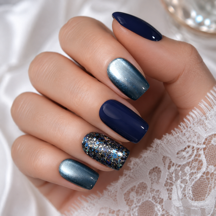 Navy Blue Silver Glitter Press On Nails | Handmade Reusable Short Square Nails by AMBERÉA
