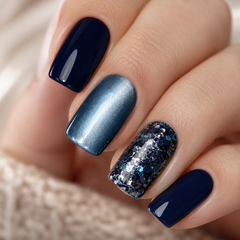 Navy Blue Silver Glitter Press On Nails | Handmade Reusable Short Square Nails by AMBERÉA
