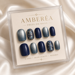 Navy Blue Silver Glitter Press On Nails | Handmade Reusable Short Square Nails by AMBERÉA