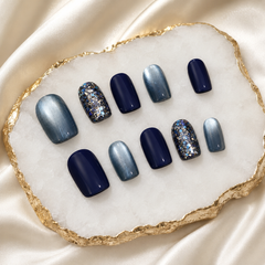 Navy Blue Silver Glitter Press On Nails | Handmade Reusable Short Square Nails by AMBERÉA