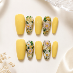 Yellow Daisy Press On Nails | Handmade Floral Long Square Nails by AMBERÉA