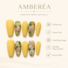 Yellow Daisy Press On Nails | Handmade Floral Long Square Nails by AMBERÉA