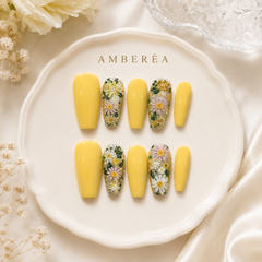 Yellow Daisy Press On Nails | Handmade Floral Long Square Nails by AMBERÉA
