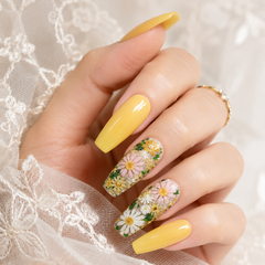 Yellow Daisy Press On Nails | Handmade Floral Long Square Nails by AMBERÉA