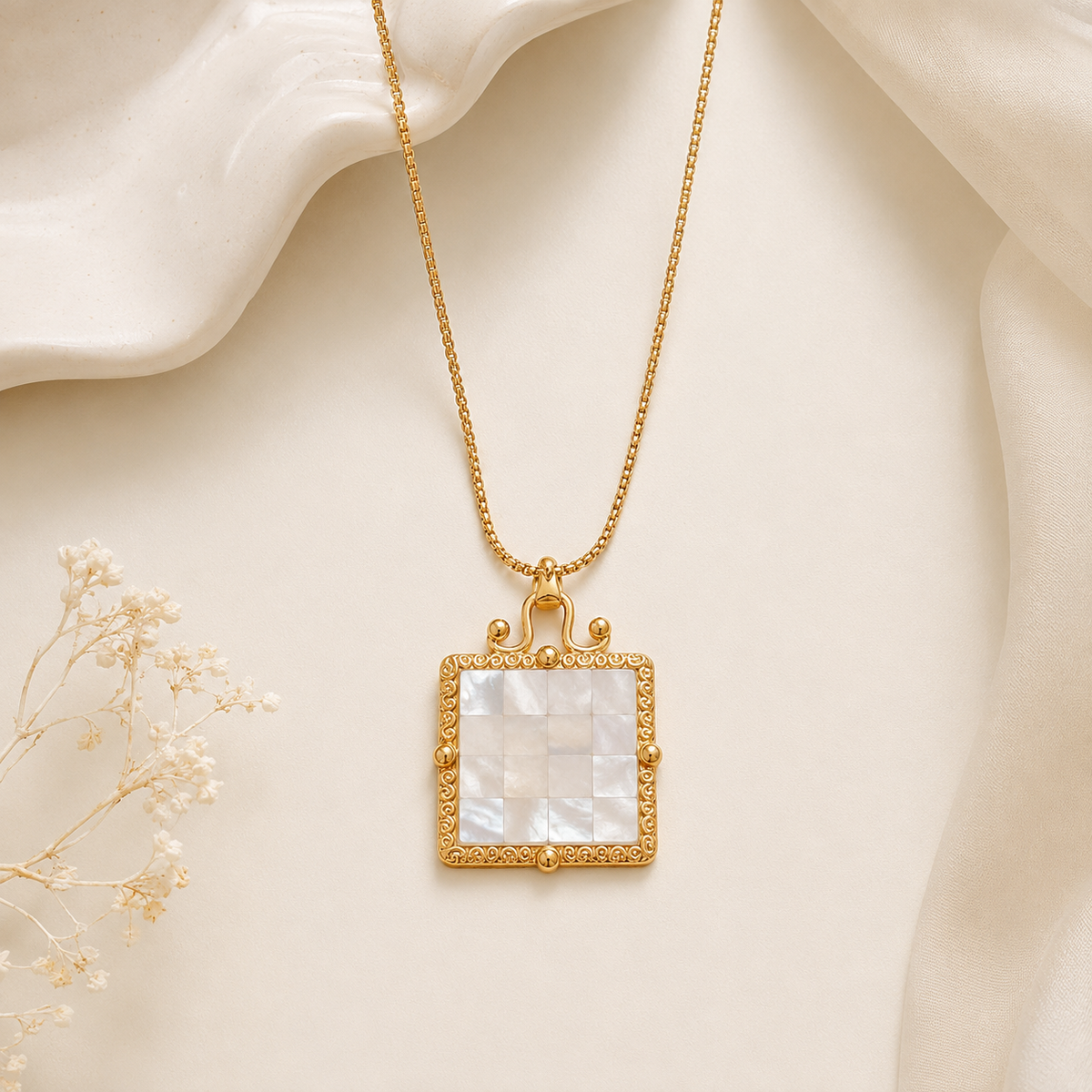 Gold Mother of Pearl Square Pendant Necklace | Elegant Vintage Women’s Necklace by AMBERÉA