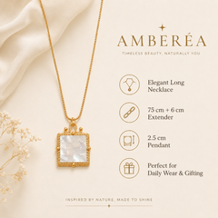 Gold Mother of Pearl Square Pendant Necklace | Elegant Vintage Women’s Necklace by AMBERÉA
