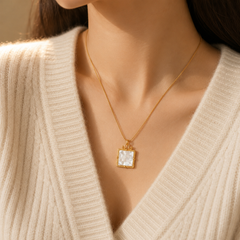 Gold Mother of Pearl Square Pendant Necklace | Elegant Vintage Women’s Necklace by AMBERÉA