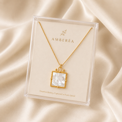 Gold Mother of Pearl Square Pendant Necklace | Elegant Vintage Women’s Necklace by AMBERÉA