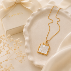 Gold Mother of Pearl Square Pendant Necklace | Elegant Vintage Women’s Necklace by AMBERÉA