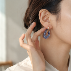 Blue Resin Hoop Drop Earrings | Gold Tone Geometric Earrings by AMBERÉA