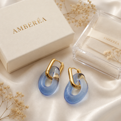 Blue Resin Hoop Drop Earrings | Gold Tone Geometric Earrings by AMBERÉA
