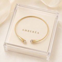 Gold Crystal Open Cuff Bracelet | Minimalist Adjustable Women’s Bangle by AMBERÉA