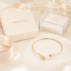Gold Crystal Open Cuff Bracelet | Minimalist Adjustable Women’s Bangle by AMBERÉA