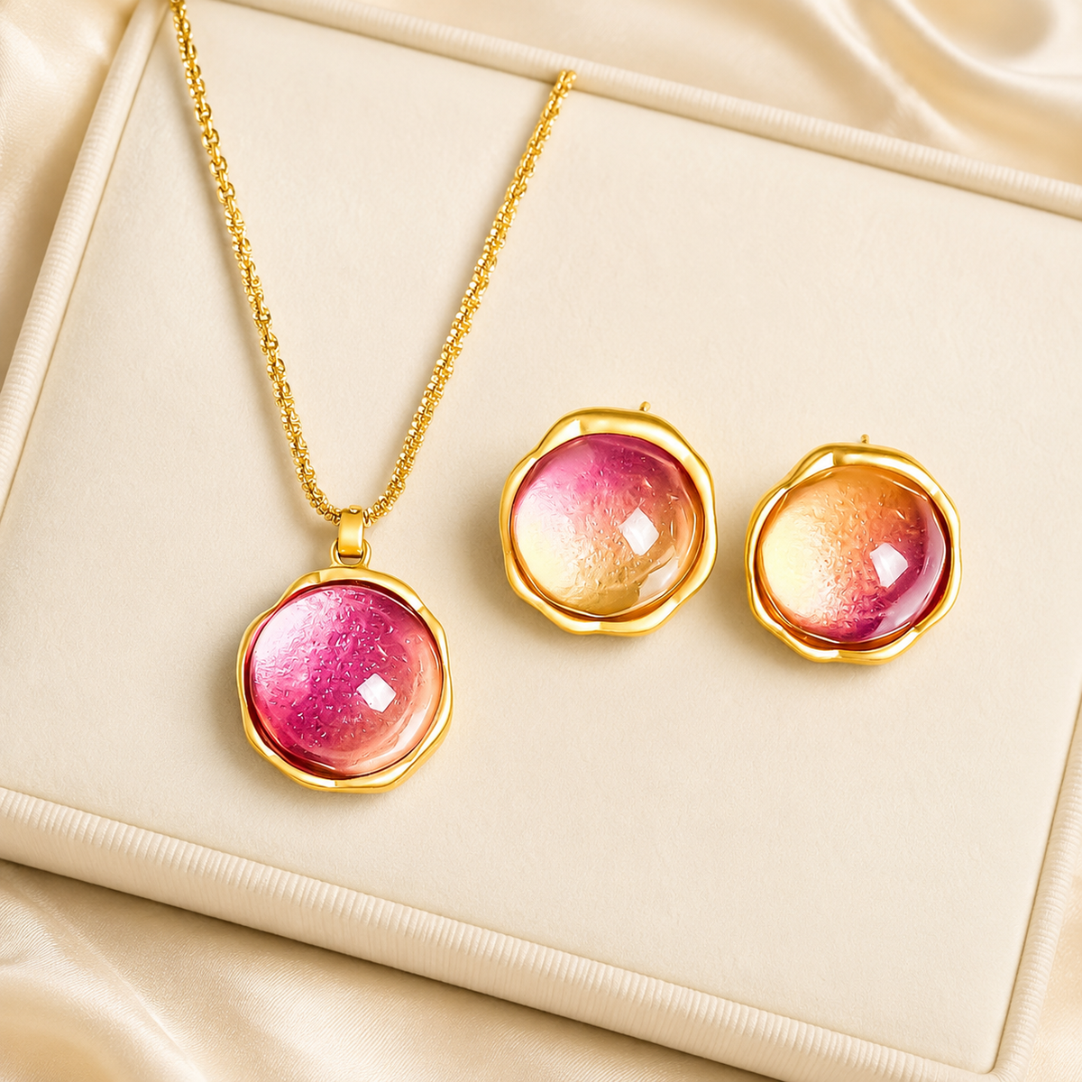 Pink Orange Gemstone Jewelry Set | Gold Tone Necklace and Earrings Set by AMBERÉA