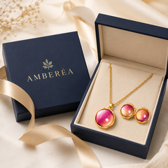 Pink Orange Gemstone Jewelry Set | Gold Tone Necklace and Earrings Set by AMBERÉA