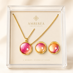 Pink Orange Gemstone Jewelry Set | Gold Tone Necklace and Earrings Set by AMBERÉA