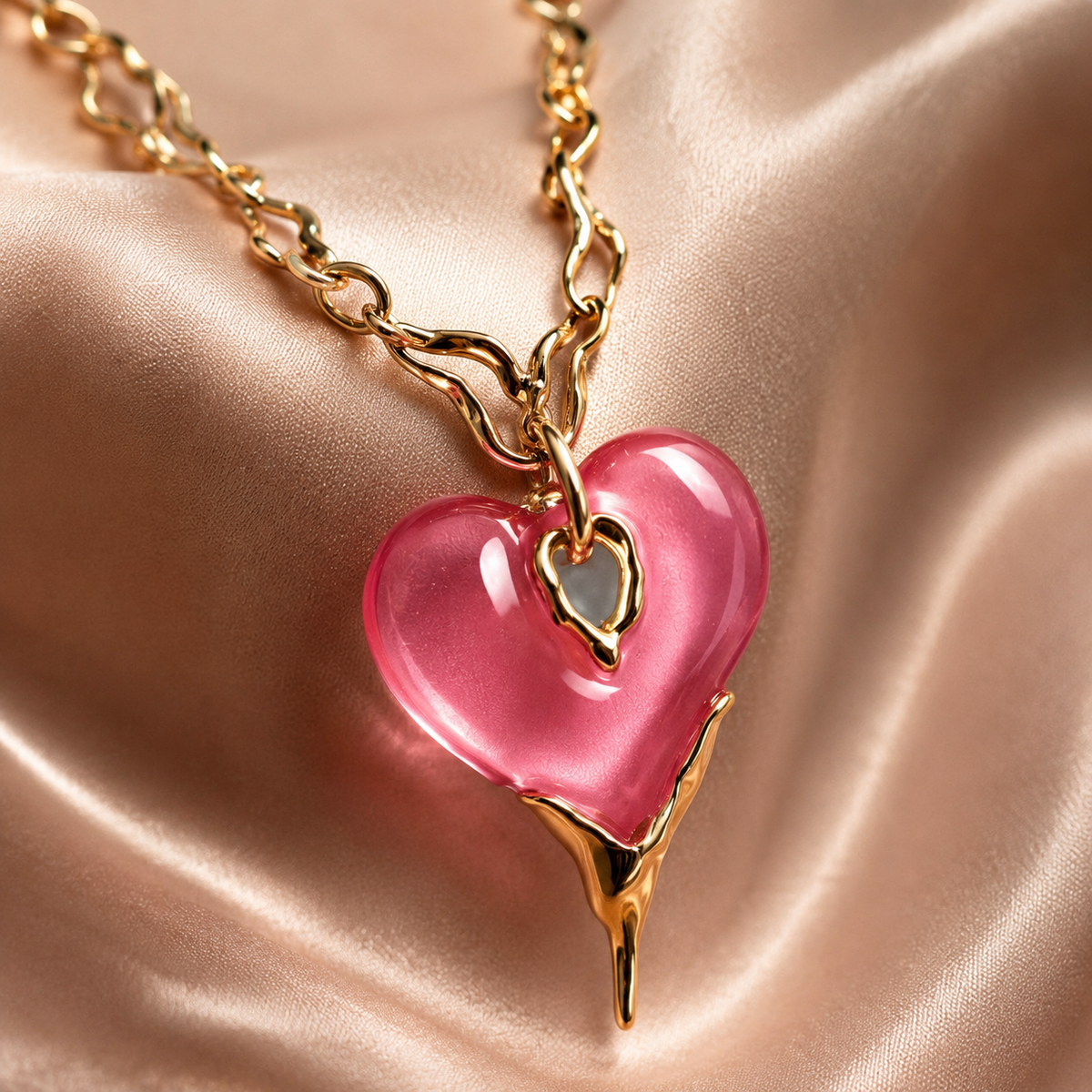 Pink Heart Pendant Necklace | Gold Tone Statement Chain Necklace by AMBERÉA