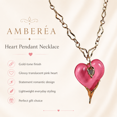 Pink Heart Pendant Necklace | Gold Tone Statement Chain Necklace by AMBERÉA