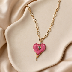 Pink Heart Pendant Necklace | Gold Tone Statement Chain Necklace by AMBERÉA