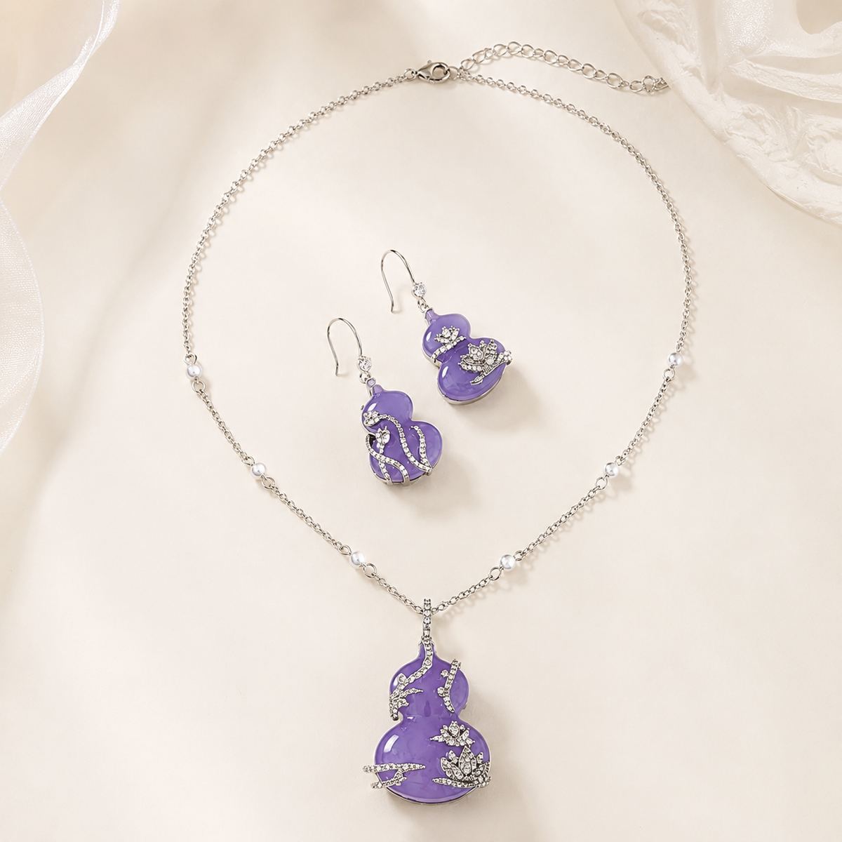 Purple Gourd Jewelry Set | Silver Rhinestone Necklace and Earrings Set by AMBERÉA