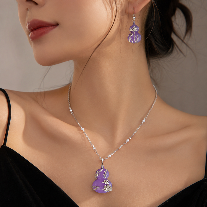 Purple Gourd Jewelry Set | Silver Rhinestone Necklace and Earrings Set by AMBERÉA