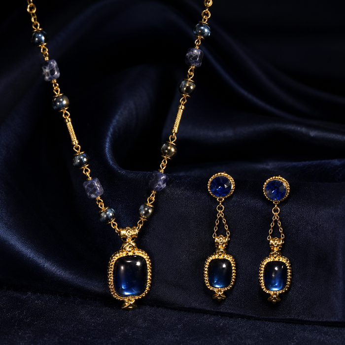 Royal Blue Gemstone Jewelry Set | Gold Tone Necklace and Earrings Set by AMBERÉA