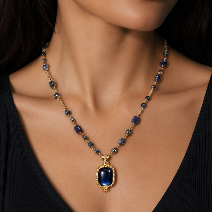 Royal Blue Gemstone Jewelry Set | Gold Tone Necklace and Earrings Set by AMBERÉA