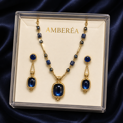 Royal Blue Gemstone Jewelry Set | Gold Tone Necklace and Earrings Set by AMBERÉA
