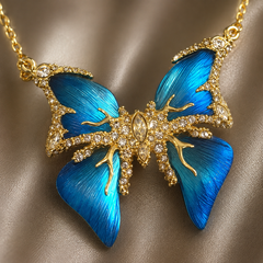 Blue Butterfly Pendant Necklace | Gold Tone Rhinestone Women’s Necklace by AMBERÉA