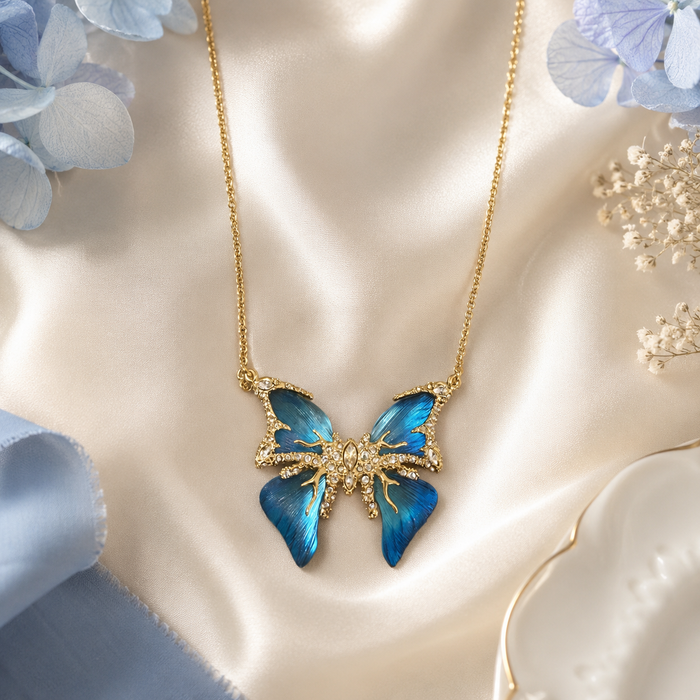 Blue Butterfly Pendant Necklace | Gold Tone Rhinestone Women’s Necklace by AMBERÉA