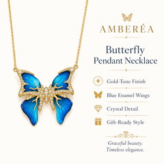 Blue Butterfly Pendant Necklace | Gold Tone Rhinestone Women’s Necklace by AMBERÉA
