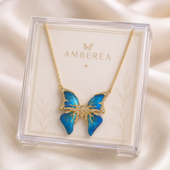 Blue Butterfly Pendant Necklace | Gold Tone Rhinestone Women’s Necklace by AMBERÉA