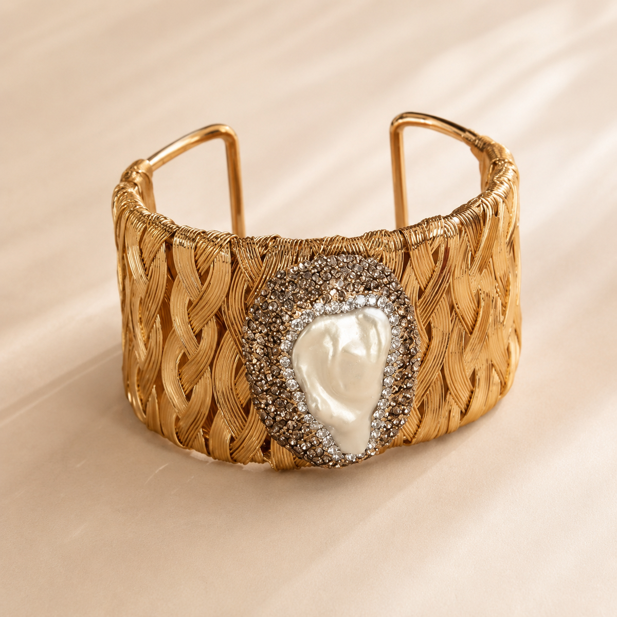 Gold Woven Pearl Cuff Bracelet | Vintage Wide Statement Bracelet by AMBERÉA