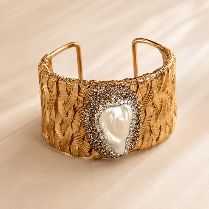 Gold Woven Pearl Cuff Bracelet | Vintage Wide Statement Bracelet by AMBERÉA