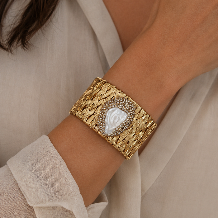 Gold Woven Pearl Cuff Bracelet | Vintage Wide Statement Bracelet by AMBERÉA
